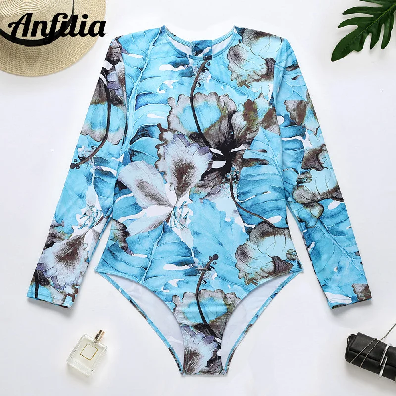 wetsuits for wetsuit vest integration-Anfilia Women One Piece Rash Guard Printed Wetsuit Long Sleeve Sun