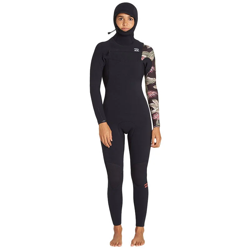 wetsuits for breathable fabric for warmer conditions-Billabong Women's Furnace Carbon Chest Zip 5/4 Hooded Wetsuit - Black Palms