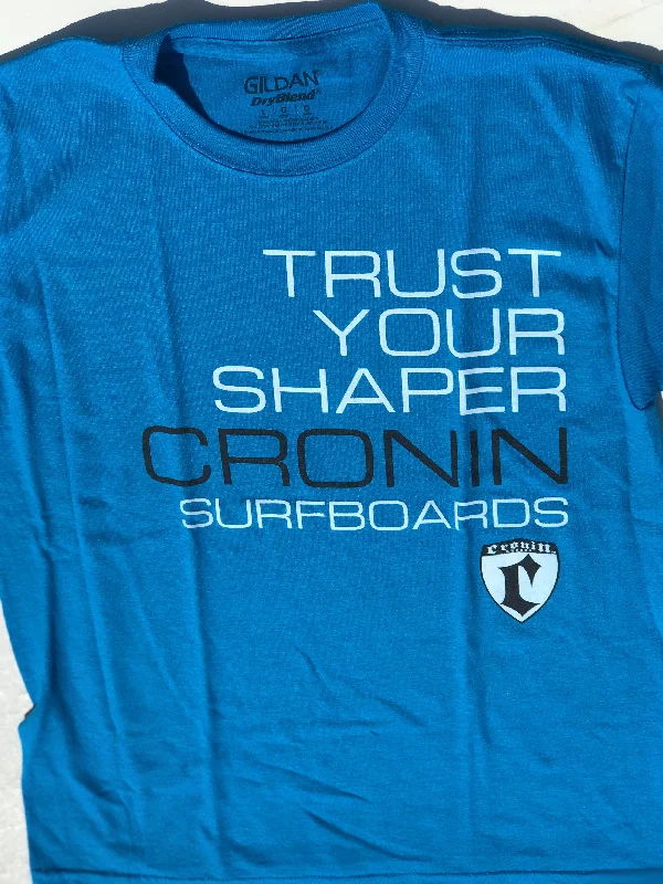 surfboards for deep bottom turns-Large Trust your Shaper T-shirt blue