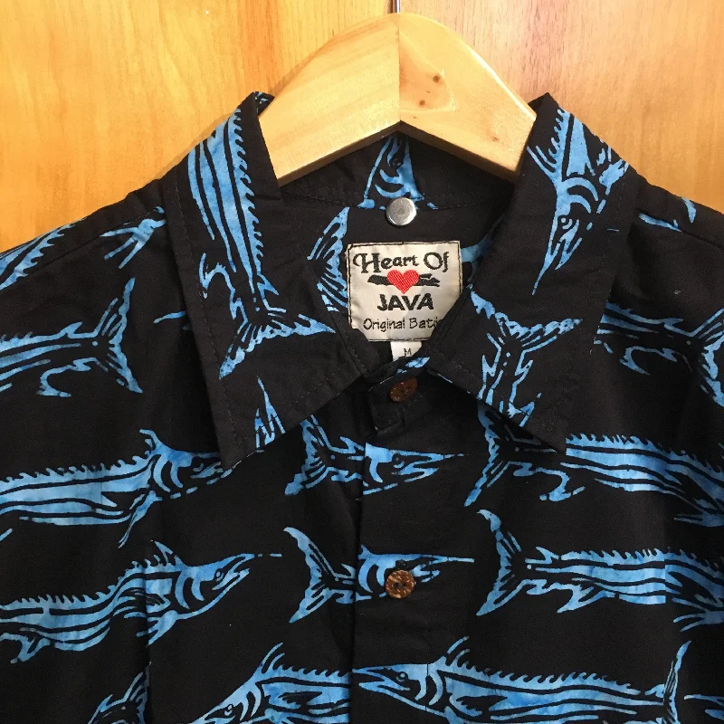 surfboards with quad-fin setups for speed-Heart of Java Batik Men's Shirts - Whaoo Black -  Tribal Blue