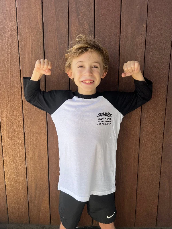 best surf clothing for light sun protection-Sunrise Surf Shop Youth Baseball 3/4 Raglan Tee