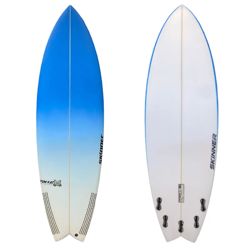 surfboards for improved grip and control in waves-Skinner Surfboards Tom Kat Fish 6'0" x 21.5 x 38.9L Poly 5 FCS Plugs Blue Fade