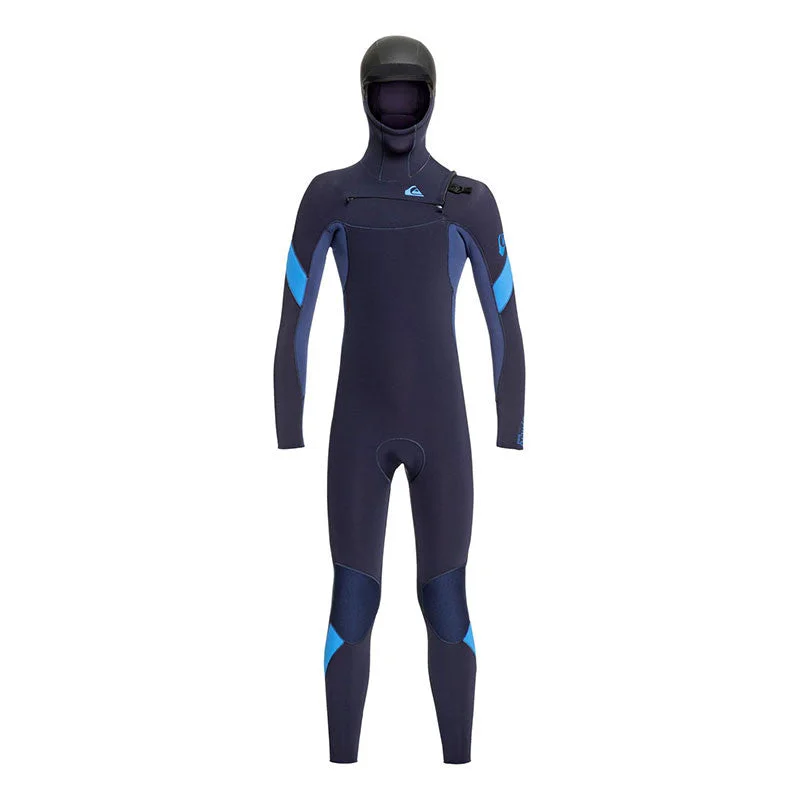 best wetsuits for triathlons-Quiksilver Boys Syncro 5/4/3 Hooded Wetsuit - Dark Navy / Iodine Blue