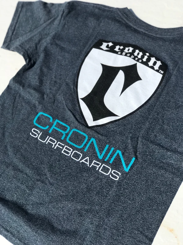 surfboards for relaxed cruising-Medium  gray Cronin shield T-shirt